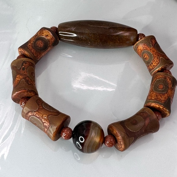 OCEAN JASPER + 3 EYE TIBETAN AGATE NATURAL STONES BRACELET size 7” - Picture 10 of 14